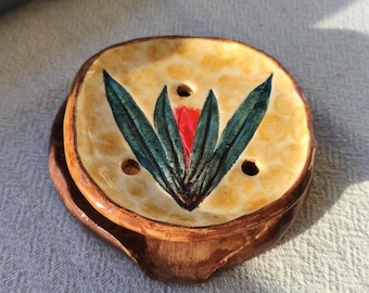 Handmade Ceramic Draining Soap Dish with Plant Imprint, Crackled Glaze Bathroom Decor
