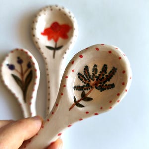Set of 3 pottery spoons ; Cute serving spoons ; Floral clay spoons; Ceramic Spoons; Handmade spoons serving set