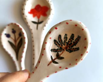 Handmade Ceramic Serving Spoons; Coffee Spoons;  Floral Pottery