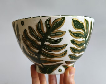 Green Botanical  Bowl for Cereal Chips, or Soup - Artistic Kitchen Decor with Gold