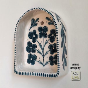 Handmade Floral Ceramic Altar Shelf - Blue Floral Wall Decor