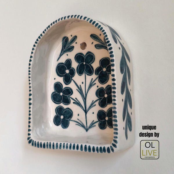Handmade Floral Ceramic Altar Shelf - Blue Floral Wall Decor