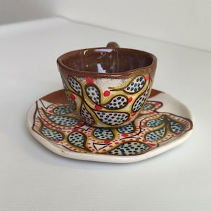 Handgemachte Terrakotta Espresso-Tasse & Untertasse: Aborigines Kunst-Keramik-Geschenk