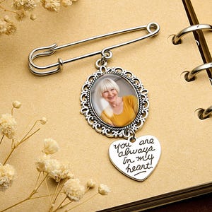 Personalized Angel Wings Photo Pin – Wedding Bouquet Charm, Bride&#39;s Memorial Gift, Custom Keepsake