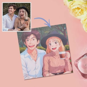 May include: A square anime-style illustration depicting a couple sitting together, with a person in a white button-down shirt next to a person in a tan sweater and black hat holding a coffee mug, based on an inset photograph of the same two people.