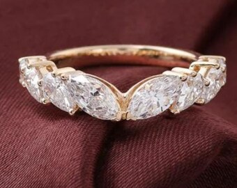 Vintage Unique Marquise and Pear Band-Curved Moissanite Wedding Promise Band for Her-Trendy Style Wedding Promise Band-Diamond Stacking Band