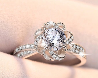 Elegant Cross Arm Moissanite Flower Style Ring - Rose Petal Inspired Engagement Piece - Celebrate Your Love -Memorable Wedding Proposal Gift