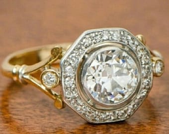 Art Deco Vintage Style Diamond Ring - Bezel Set Halo Diamond Ring - Round Cut Diamond Engagement Ring - 14K Yellow Gold Antique Ring