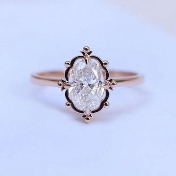 Vintage Oval Engagement Gold Ring -Oval Cut Moissanite Women Ring - Yellow Gold Diamond Accent Ring -Art Deco Oval Cut Ring for Gift Jewelry