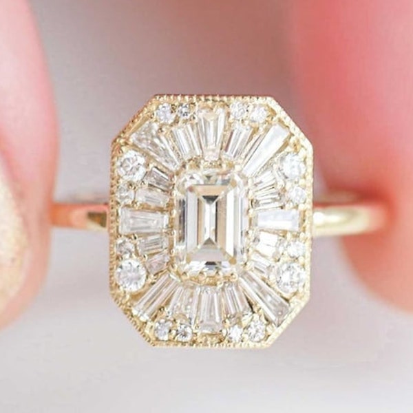 1ct Emerald cut Moissanite Diamond Mosaic Ring, Vintage Engagement Ring, Art Deco Starburst Halo Ring, Multi Shape Diamond Ring