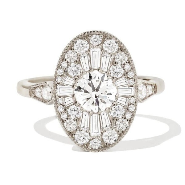 Runder Art-Deco-Schliff Moissanit Blumen Verlobungs- und Ehering, Starburst Halo Vorschlag Ring Trendy Design Gold Over Ring