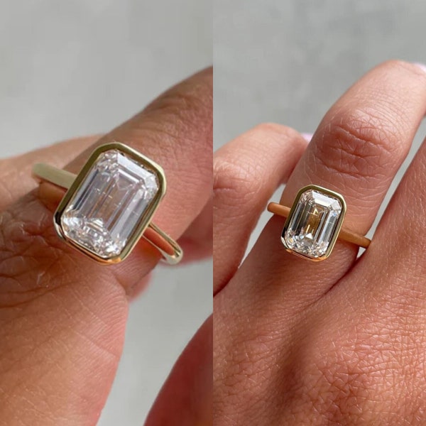 3CT Emerald Cut Moissanite Engagement Ring - 14K Yellow Gold Bezel Set Ring - Anniversary Gift Ring - Bridal Wedding Ring - Bezel Ring