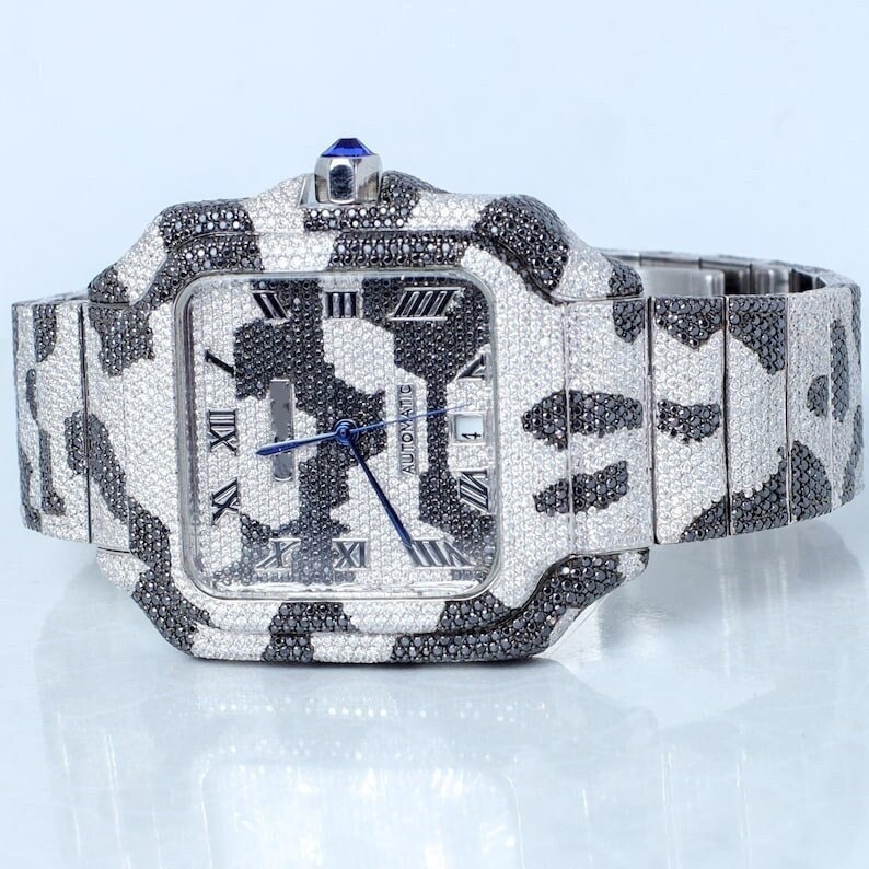 Diamond Watch, Two Tone Zebra Print Full Iced Out Moissanite Diamond Watch, Two Tone Zebra Print Full Iced Out Moissanite