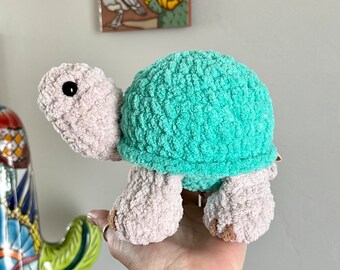 Tippy the Desert Tortoise Plushie - turquoise/light linen - crochet - desert decor - desk pet - handmade - soft - ready to ship