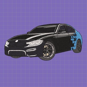 Puede incluir: Un coche negro con un diseño a cuadros azules y blancos en el lateral. El coche tiene un interior negro y ruedas negras.