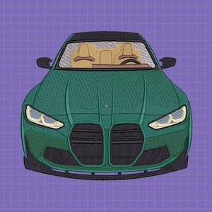 Puede incluir: Vista frontal de un coche verde con una parrilla negra y faros. El coche tiene un techo negro y un interior beige.