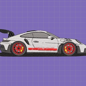 Peut inclure: Une voiture de sport blanche avec des accents rouges et des roues noires. La voiture a un grand aileron arrière et un logo "GT3 RS" sur le côté.