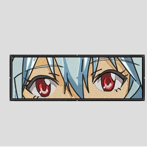 May include: Embroidered patch featuring anime-style eyes with red irises and light blue hair. The eyes are detailed with black outlines and white highlights, set against a beige skin tone. The patch is rectangular with a black border.