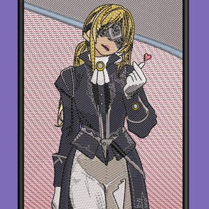 May include: Embroidered patch depicting an anime-style character with blonde hair, wearing a dark blue coat with white details and a decorative brooch. The character is holding a small red heart. The patch has a black border on a purple background.