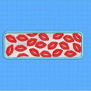 May include: A white rectangular patch with a blue border, featuring a repeating pattern of red lips.