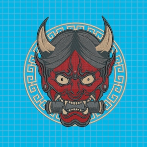 Oni-maskbroderifil – Japansk demonmaskinbroderidesign – Hannya Oni-lapp – Applikation i samurajtatueringsstil