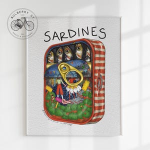 Fizyczny wydruk SARDINE TIN CAN, modny plakat kuchenny, galeria, sztuka ścienna do domu w stylu retro, wózek barowy, wyjątkowa estetyka jedzenia, kolorowy wystrój mieszkania