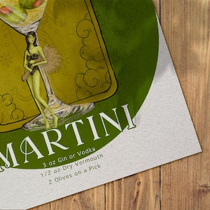 Recette de COCKTAIL VIRGO MARTINI, impression d'affiche de cuisine physique, galerie d'accueil rétro, chariot de bar, esthétique de carte de tarot, décoration d'appartement colorée