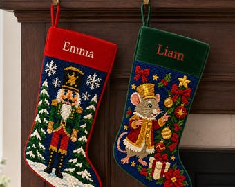 Handmade Needlepoint Xmas Stocking, Custom Name Nutcracker Christmas Stocking, Old-Fashioned Christmas Gift