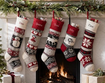 Personalized Christmas Stockings, Custom Knitted Xmas Stockings with Name, Embroidered Family Stockings, Christmas Mantle Decor