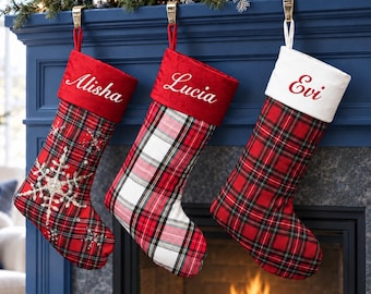 Personalized Name Plaid Christmas Stockings, 2026 Embroidered Family Name Xmas Stocking, Farmhouse Mantel Decor