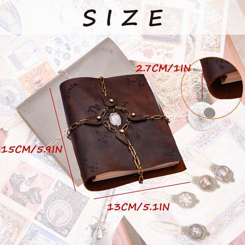 May include: A brown leather journal with a metal chain and a clear crystal. The journal measures 5.9 inches by 5.1 inches and is 1 inch thick.