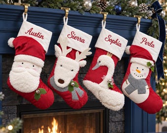 Red Velvet Christmas Stockings with Name, Custom Embroidered Name Xmas Stockings, 2026 Family Monogram Stocking, Christmas Decor