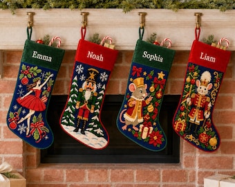 Custom Hand Embroidery Name Nutcracker Christmas Stocking, Handmade Needlepoint Xmas Stocking, Old-Fashioned Christmas Gift