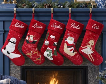 Custom Name Christmas Stockings, Red Velvet Embroidered Christmas Stocking, Personalized Family Xmas Stockings, Holiday Party Decor
