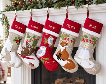 2026 Christmas Stockings with Family Name, Custom Flax Animal Christmas stockings, Christmas Gift, Holiday Stockings Gift