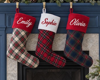 Personalized Gingham Christmas Stockings, Custom Embroidered Name Holiday Gift, Family Farmhouse Xmas Decor, 2026 Stocking