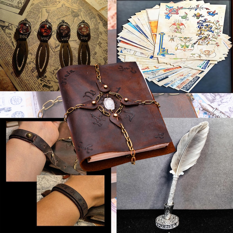 May include: A brown leather journal with a metal chain and a crystal charm. The journal is closed and has a worn look. There are also four bookmarks with glass insets and a quill pen with a silver holder.
