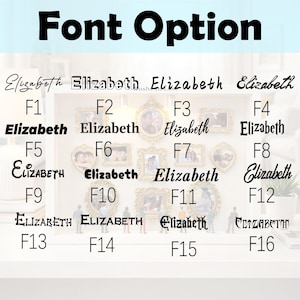 Puede incluir: Imagen que muestra "Font Option" en texto negro. Debajo, se muestran varios estilos de fuente del nombre "Elizabeth", etiquetados de F1 a F16. Las fuentes var&iacute;an de cursiva a negrita, ofreciendo una gama de opciones de dise&ntilde;o.