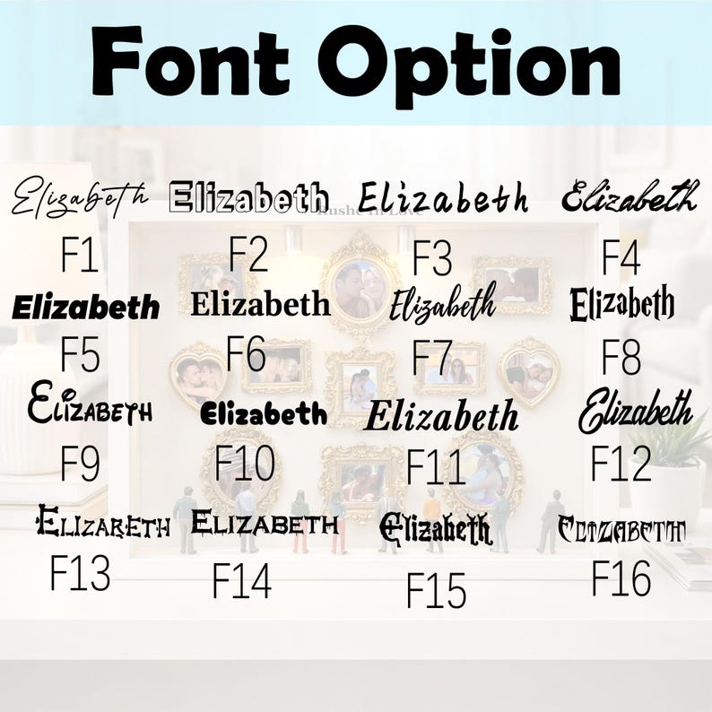 Puede incluir: Imagen que muestra "Font Option" en texto negro. Debajo, se muestran varios estilos de fuente del nombre "Elizabeth", etiquetados de F1 a F16. Las fuentes var&iacute;an de cursiva a negrita, ofreciendo una gama de opciones de dise&ntilde;o.