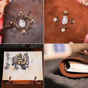 May include: A brown leather-bound journal with a crystal charm and metal accents. The journal has a ring binder and the cover says "Magic Spells".