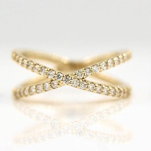 Crossover Round Lab Grown Wedding Ring Solid Yellow Gold Criss Cross Minimalist Ring X Cross Round Diamond Ring Stackable Ring For Women