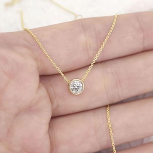 Attached Diamond On Chain, 14Kt Gold Diamond Necklace, Diamond Solitaire Necklace, Bridesmaid Necklace