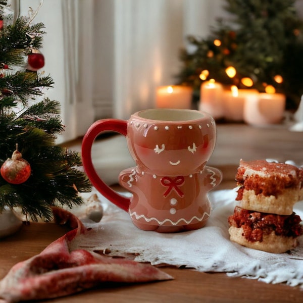 300ml Hand-Painted Gingerbread Man Ceramic Christmas Mug, Cartoon Cute Kawaii 3D Mug, Handgrip Coffee/Milk Mug, Drinkware, Christmas Gift