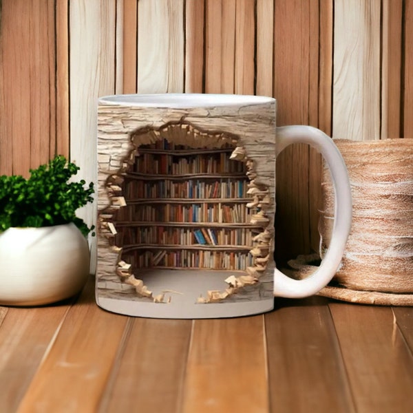 Creative Space Design Print Mugs, 3D PRINT Bookshelf Mug, Library Shelf White Cup, Coffee Handgrip Unique Mug, Drinkware, Kitchen Goods