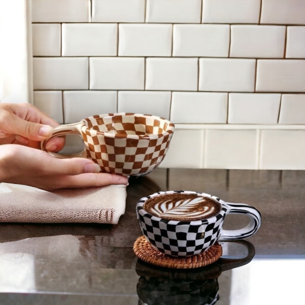 200ml Black/Coffee High Beauty Niche Ceramic Pottery Chessboard Mug, Luxury Coffee/Tea/Latte Mug with Handgrip, Drinkware, Kitchen Goods