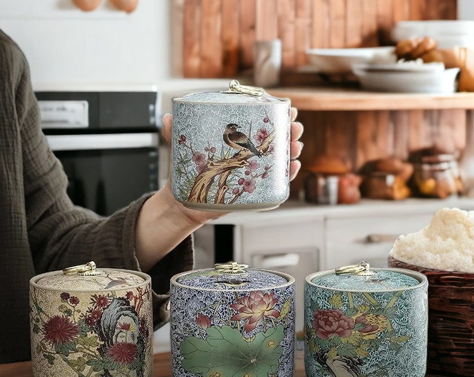 Handmade Ceramic Tea Pot with Lid, Moisture-proof Storage, Ceramic Sealed Storage, Kitchen Goods, Tank Home Retro Tea Box, Kitchen Storage