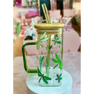 Dragonfly Glass Can Cup with Lid & Straw - Rhinestone Decor