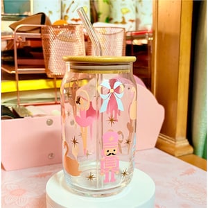 Ballerina Nutcracker Glass Can with Lid & Straw