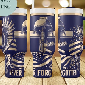 Tumbler Wrap Patriotic da 40 once, Design commemorativo Never Forgotten, Download digitale, Tumbler Wrap laser tributo militare, SVG rotante, bandiera americana