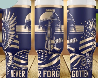 Envoltura para vaso patriótico de 40 oz, diseño conmemorativo "Nunca Olvidado", descarga digital, envoltura láser de homenaje militar, SVG rotatorio, bandera estadounidense